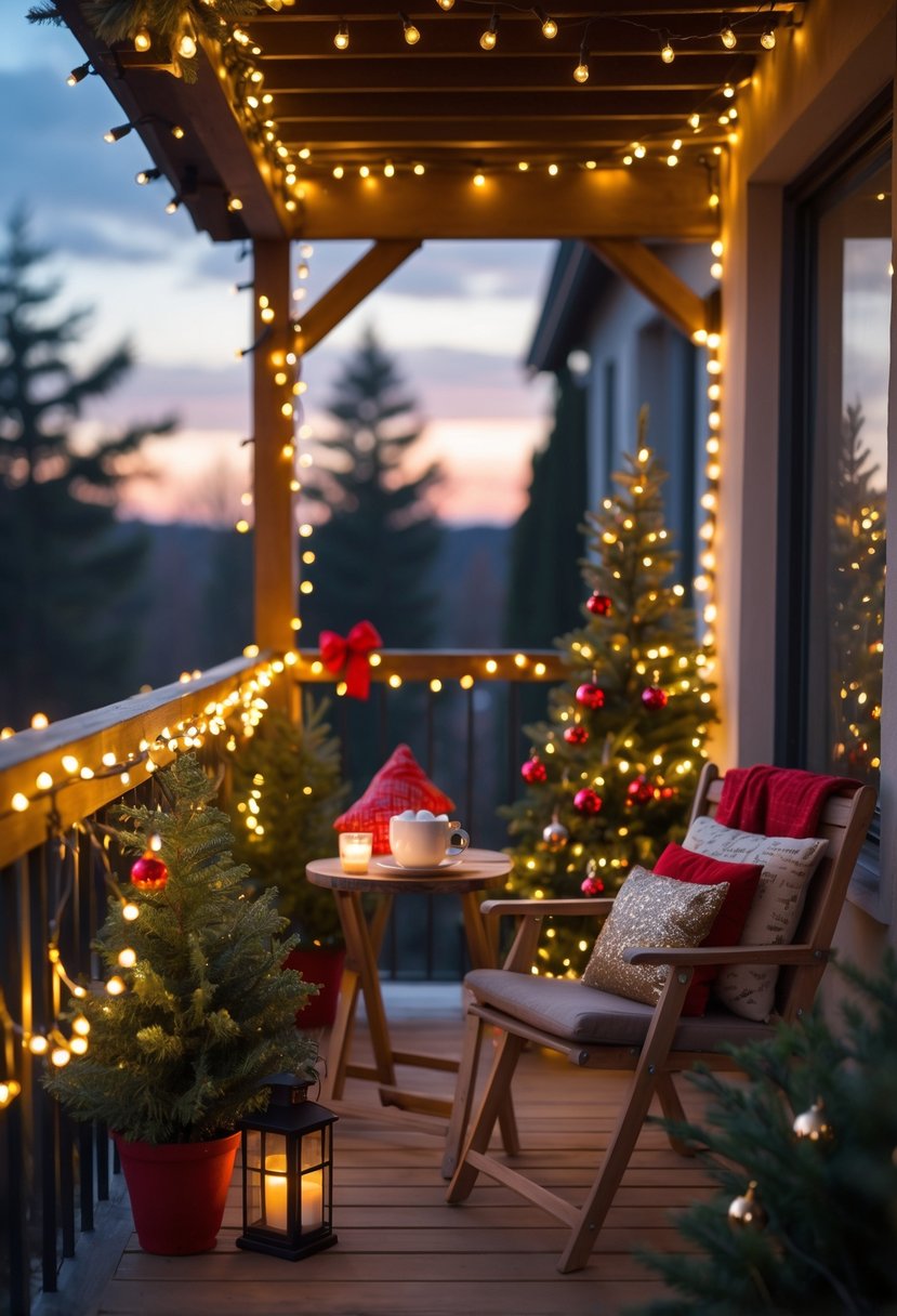 How to Decorate a Balcony for Christmas: Festive Outdoor Ideas 2 A balcony decorated with Christmas lights, ornaments, a small tree, and cozy seating at dusk.