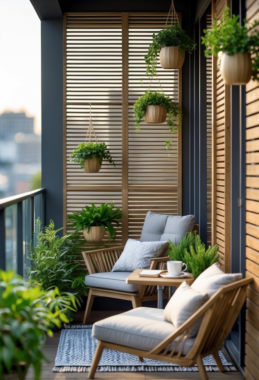 How to Decorate a Balcony for Privacy: Stylish & Effective Ideas 2 A balcony enclosed with wooden privacy screens, decorated with green plants and outdoor furniture, creating a private and cozy outdoor space.