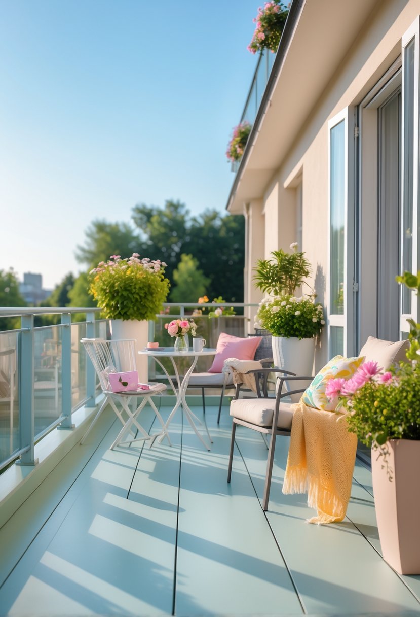 How to Decorate a Balcony for Summer: Stylish Outdoor Retreat Ideas 2 A balcony with freshly painted flooring, decorated with outdoor furniture, colorful cushions, potted plants, and flowers under natural sunlight.