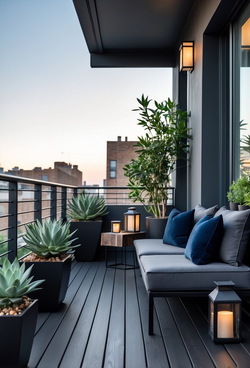 A balcony with dark wood flooring, black railings, a gray sofa with navy cushions, green plants, and a small wooden table under a clear sky.