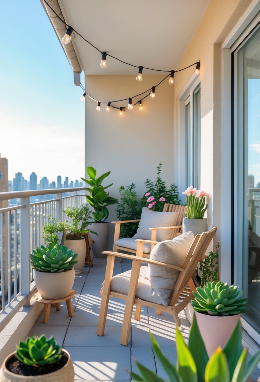 How to Decorate a Balcony on a Budget: Affordable Makeover Tips 2 A small balcony with simple wooden chairs, a table, potted plants, and string lights overlooking a cityscape.