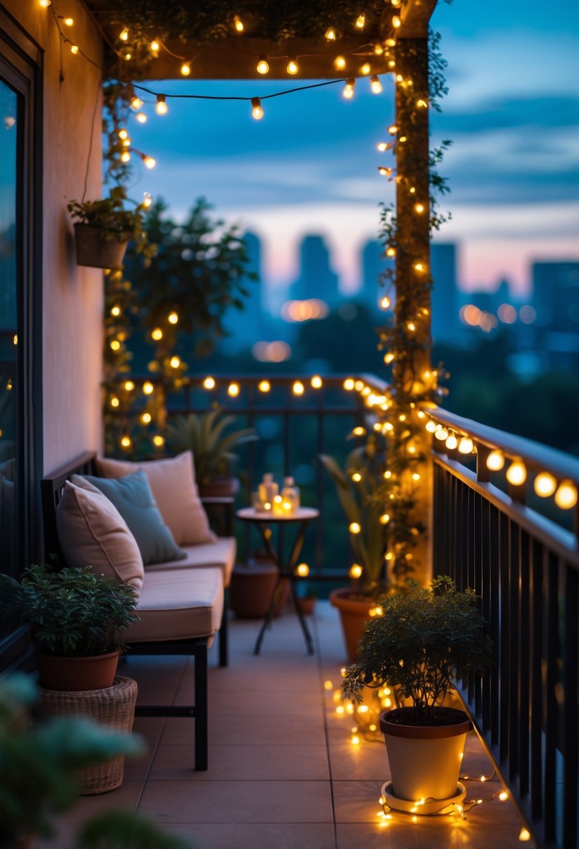 How to Decorate a Balcony With Lights: Creative Outdoor Lighting Ideas 2 A balcony decorated with warm string lights, seating, plants, and a small table during twilight.
