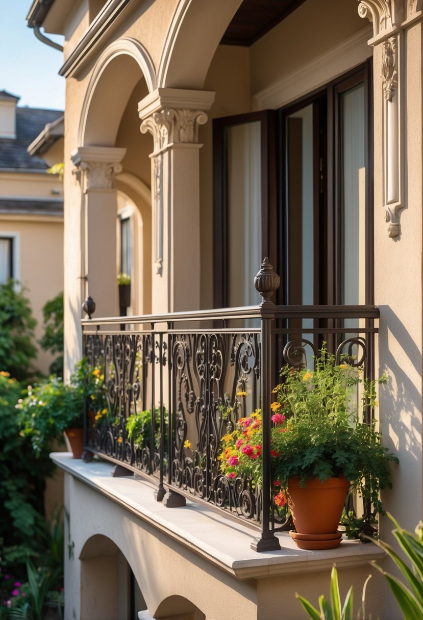 A Juliet balcony with decorative wrought iron railings and potted plants against a residential building exterior.