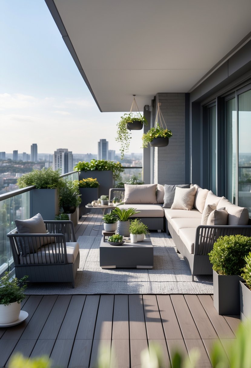 A large balcony with comfortable outdoor furniture, plants, and a city view in daylight.