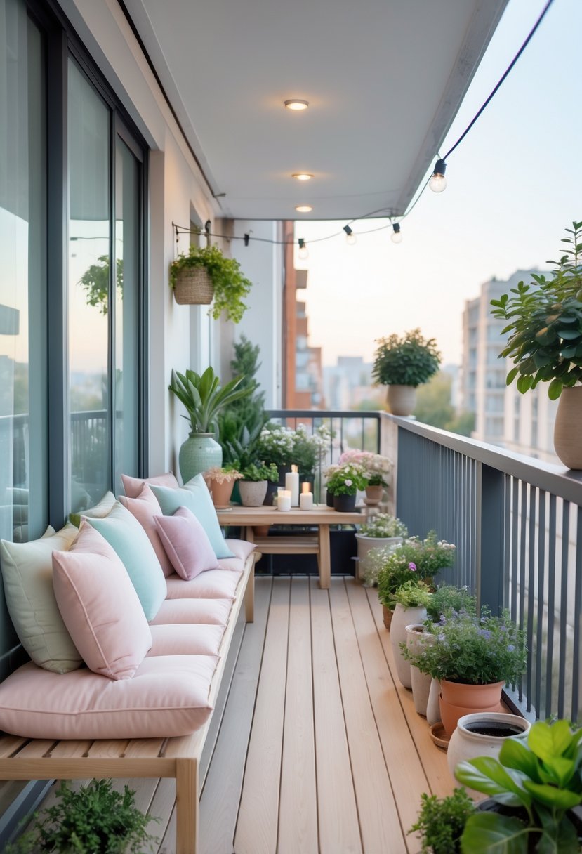 A long narrow balcony decorated with wooden flooring, pastel cushions on a bench, potted plants, a narrow wooden table with decorative items, and string lights on the railing.