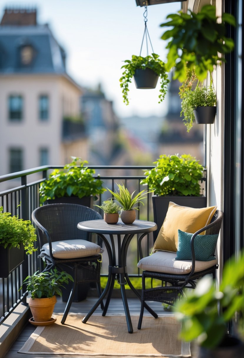 A small balcony with a round table, two chairs, and several green plants creating a cozy outdoor seating area.