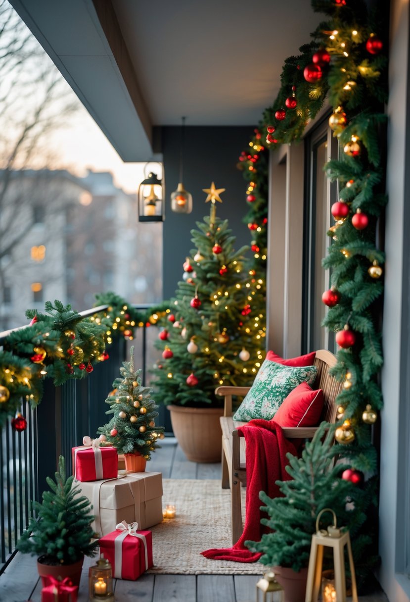 Apartment balcony decorated with Christmas garlands, lights, a small Christmas tree, festive cushions, and wrapped gifts.