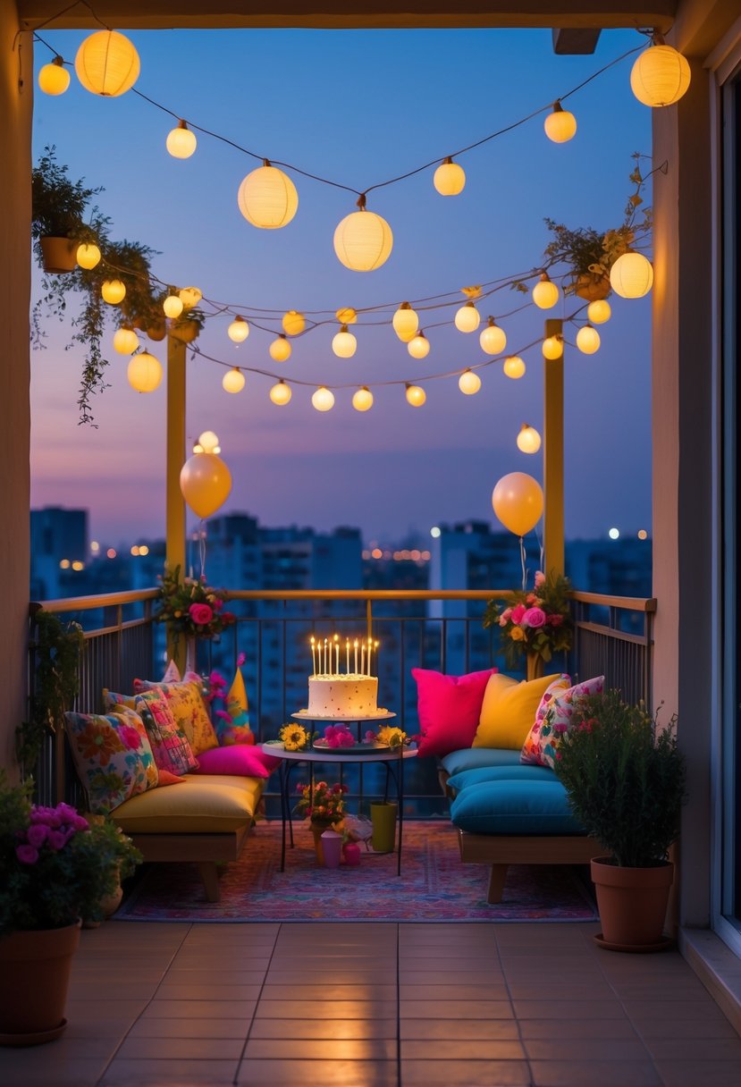 A balcony decorated for a birthday with string lights, balloons, a cake on a table, and cozy seating surrounded by plants.
