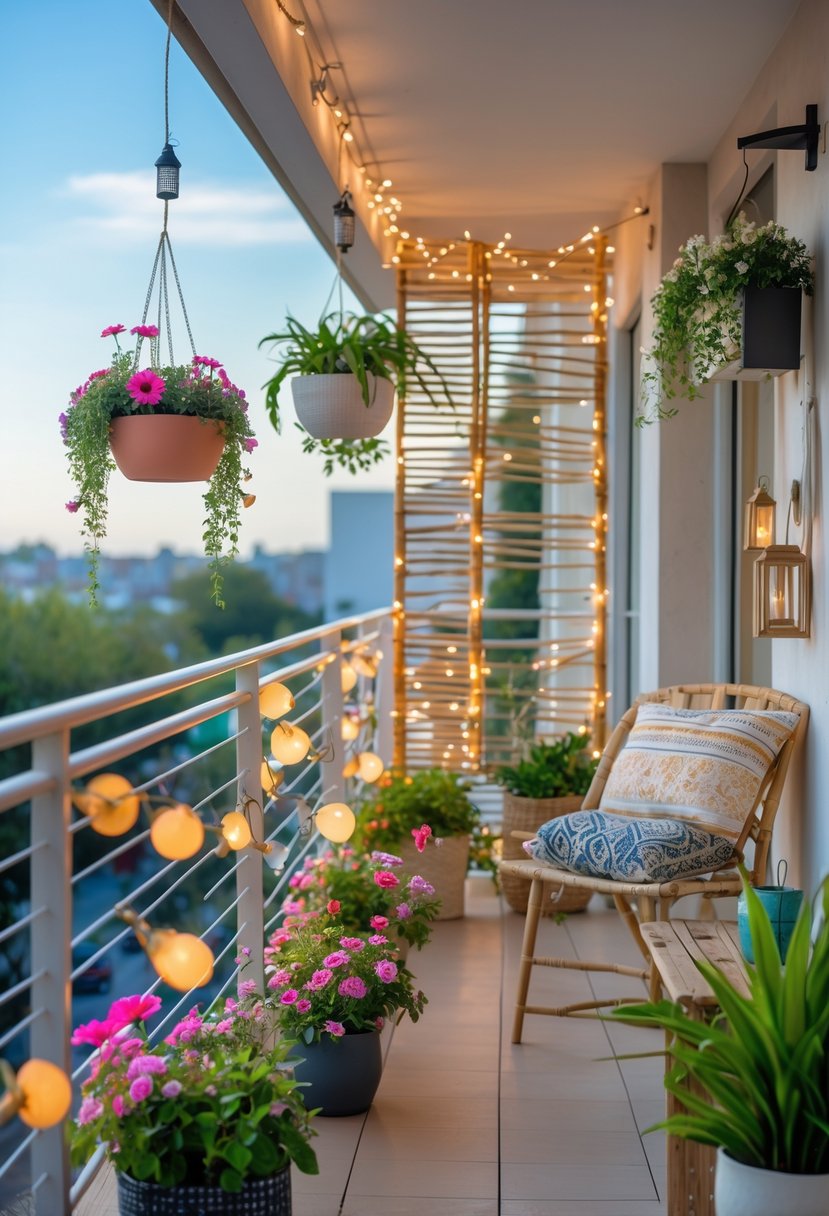 A balcony with a decorated railing featuring potted flowers, hanging plants, fairy lights, and small lanterns, overlooking a clear sky and greenery.