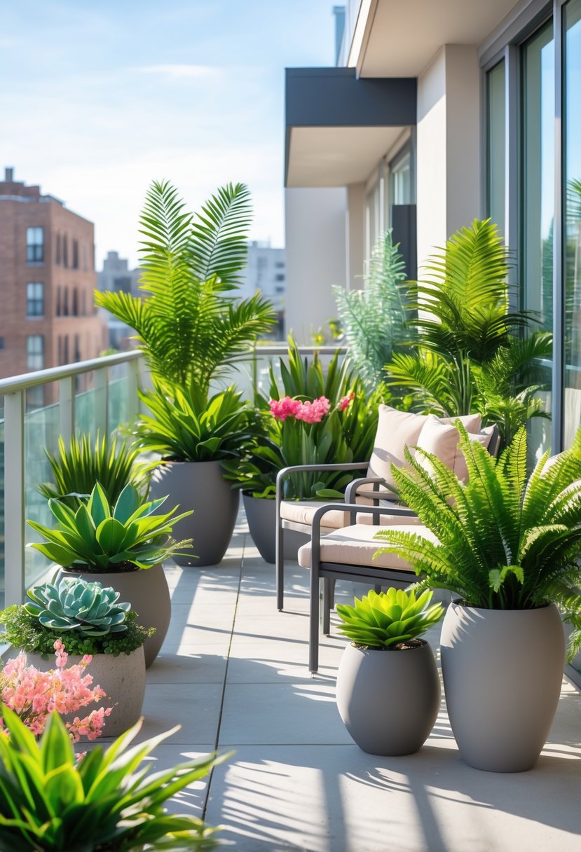 A balcony decorated with various artificial plants in pots and planters, with seating and a city view in the background.