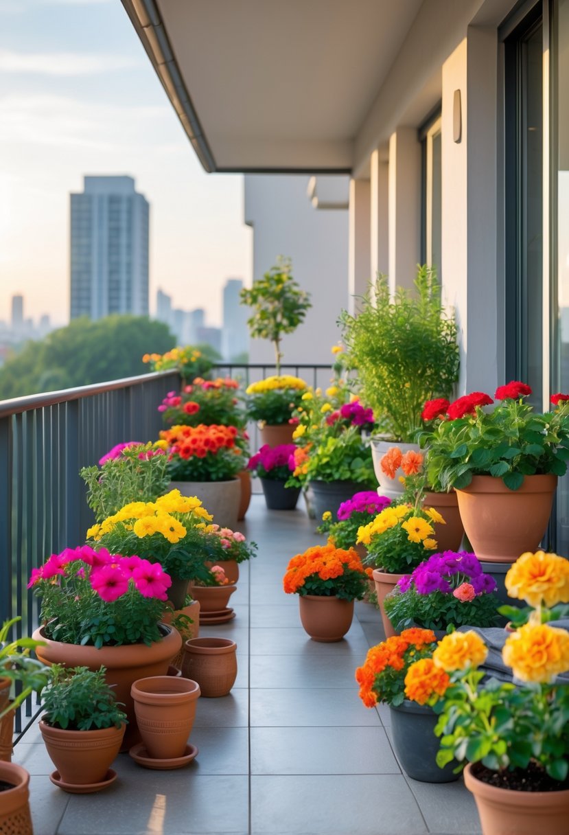 A balcony decorated with various flower pots and planters filled with colorful blooming flowers and green plants.