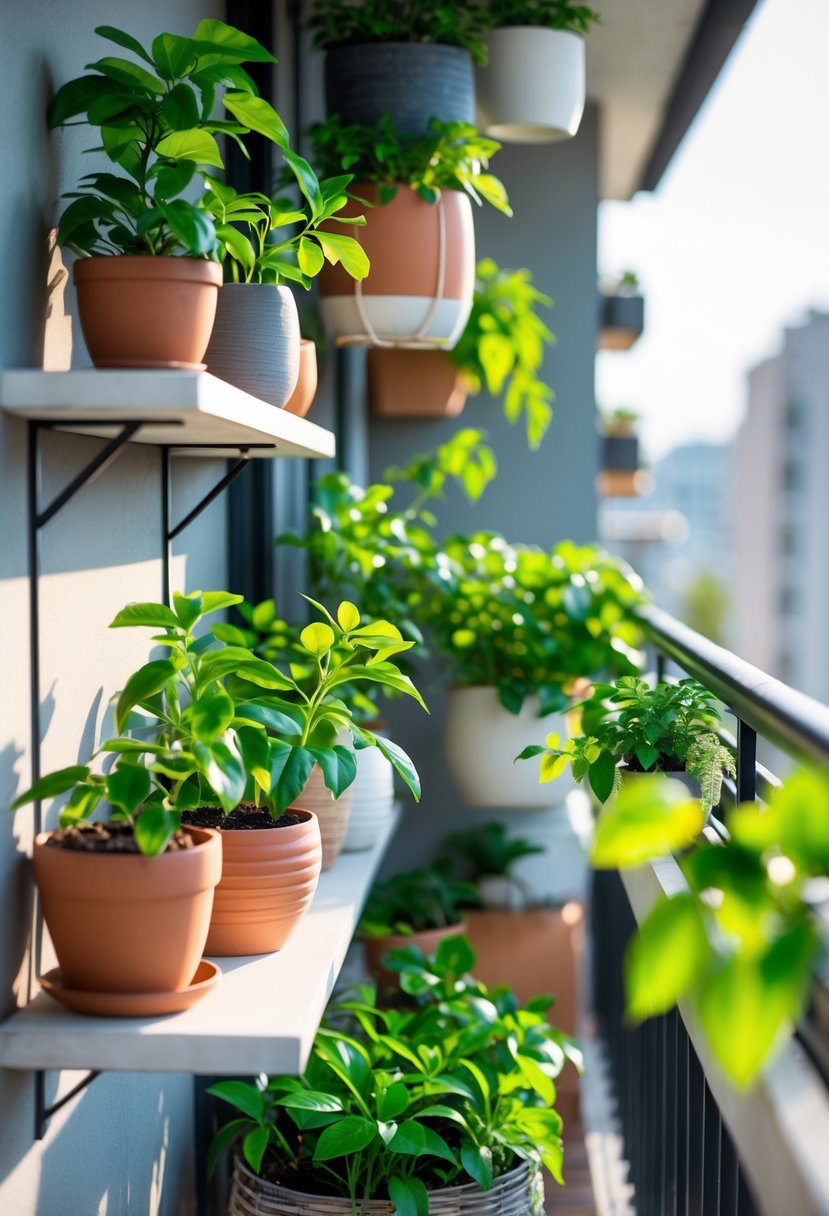 A balcony decorated with various containers and planters holding healthy money plants, bathed in natural sunlight.