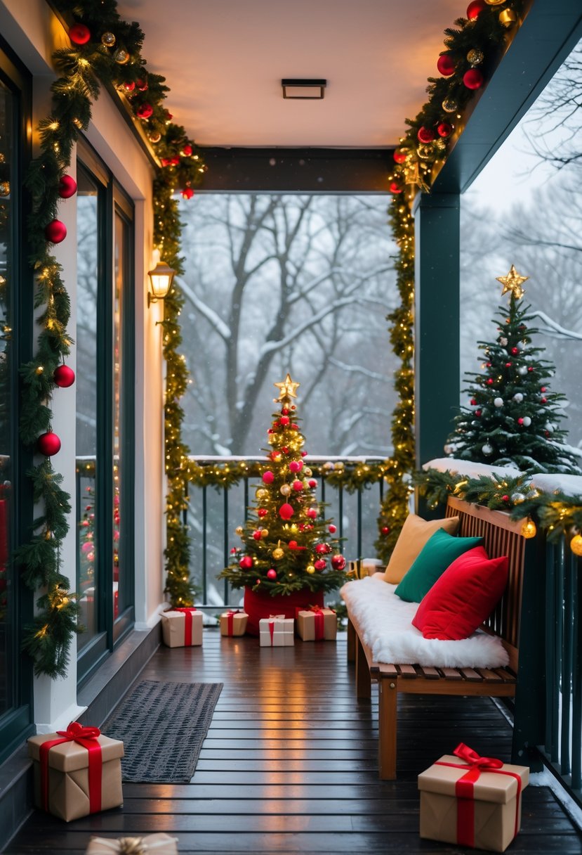 How to Decorate a Balcony for Christmas: Festive Outdoor Ideas 3 A balcony decorated for Christmas with green garlands, red and gold ornaments, fairy lights, a small Christmas tree, and wrapped gifts.