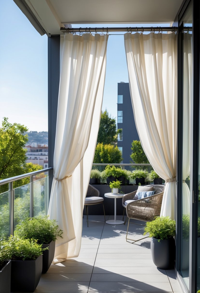 How to Decorate a Balcony for Privacy: Stylish & Effective Ideas 3 A balcony with white outdoor curtains hanging around a seating area surrounded by green plants.