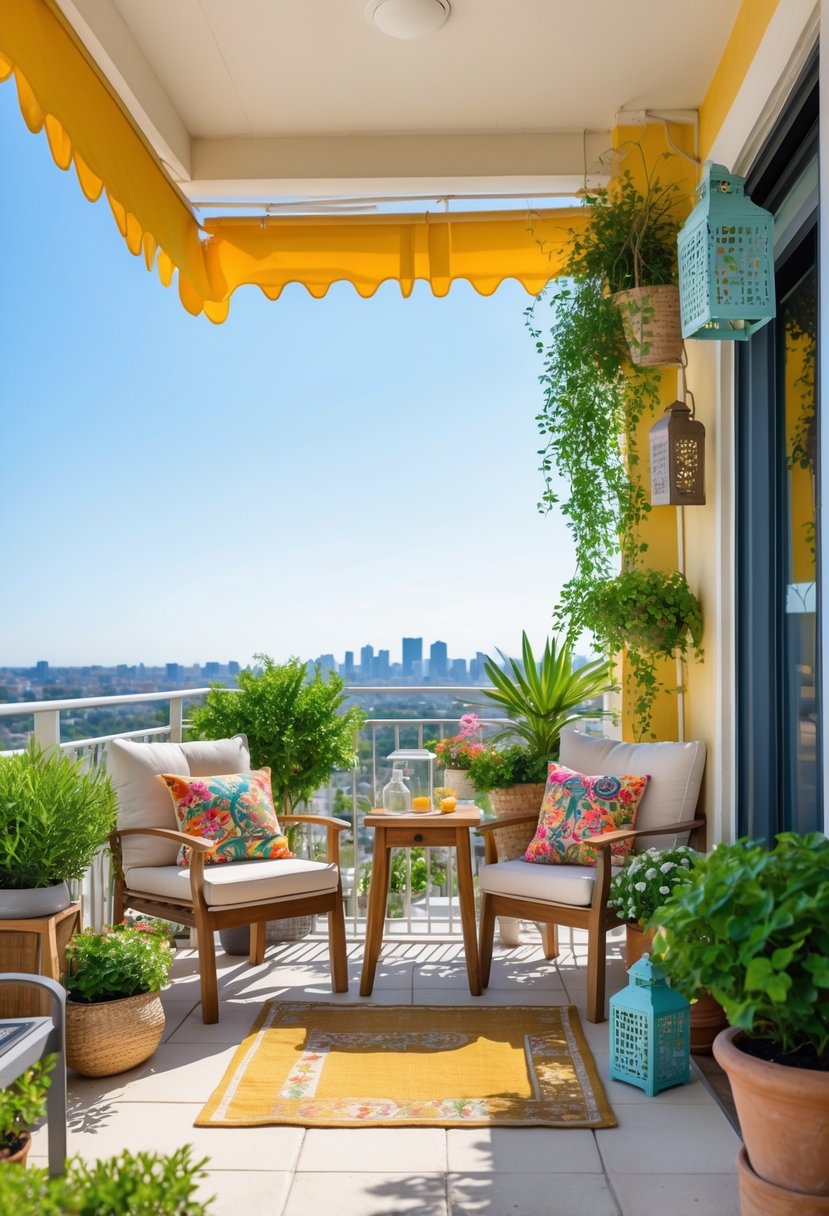 How to Decorate a Balcony for Summer: Stylish Outdoor Retreat Ideas 3 A balcony with outdoor furniture including a wooden table, cushioned chairs, plants, and decorative items under natural sunlight.