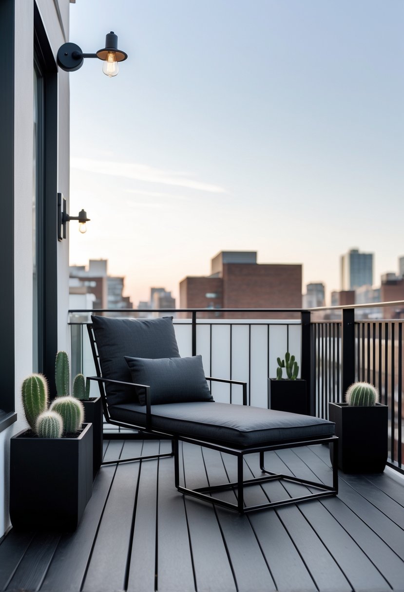 A balcony with dark wooden floor, a black lounge chair with gray cushions, a side table, green plants in black planters, and a black railing overlooking city buildings.