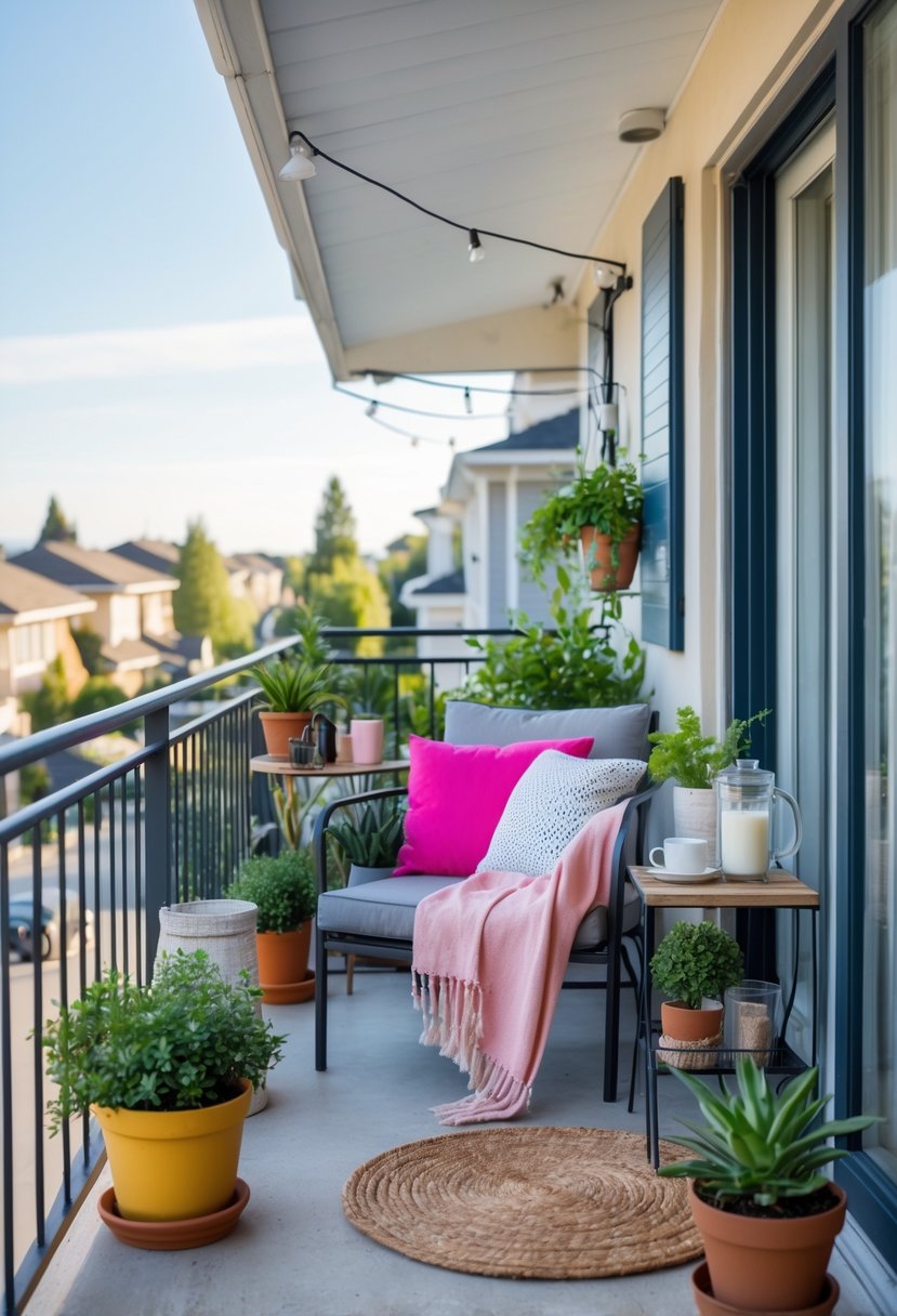 How to Decorate a Balcony on a Budget: Affordable Makeover Tips 3 A small balcony decorated with colorful cushions, potted plants, and a small table with decorative items, creating a cozy outdoor seating area.