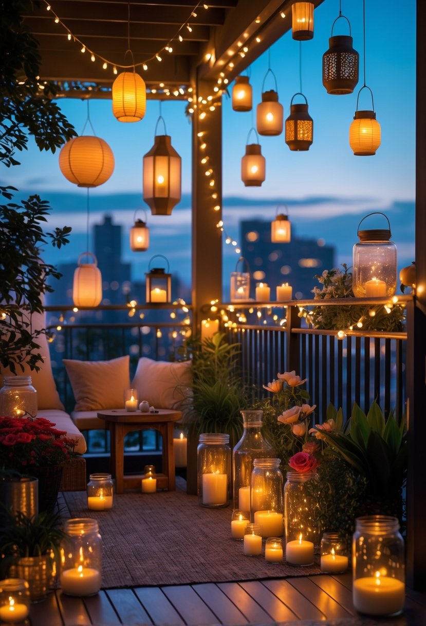 How to Decorate a Balcony With Lights: Creative Outdoor Lighting Ideas 3 A balcony decorated with hanging lanterns, candles in glass holders, fairy lights, and plants, creating a warm and inviting outdoor space at dusk.