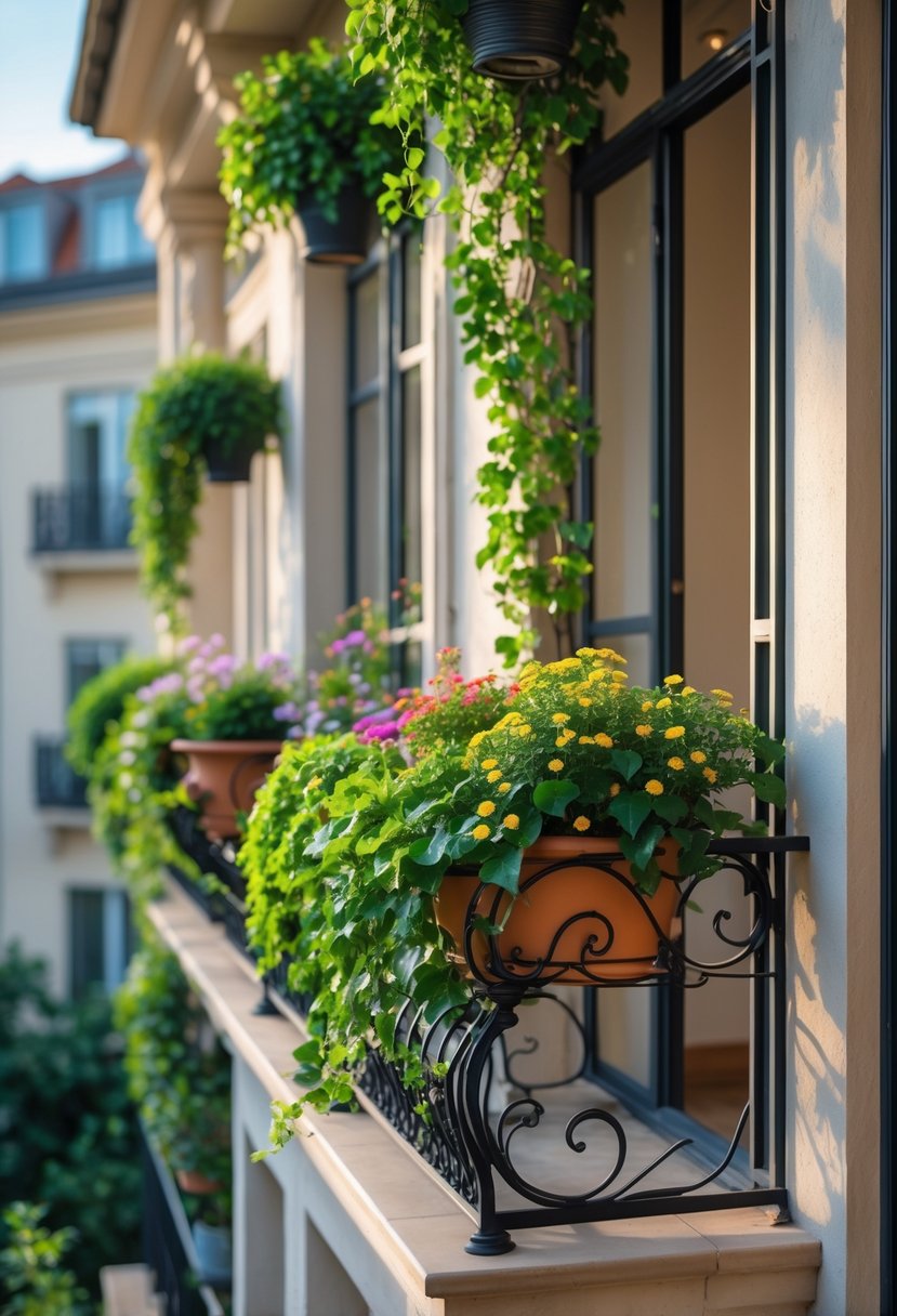 A Juliet balcony decorated with various green plants and colorful flowers in planters attached to wrought iron railings.