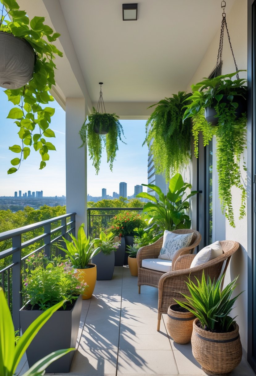 A large balcony decorated with various green plants, outdoor seating, and a clear sky in the background.