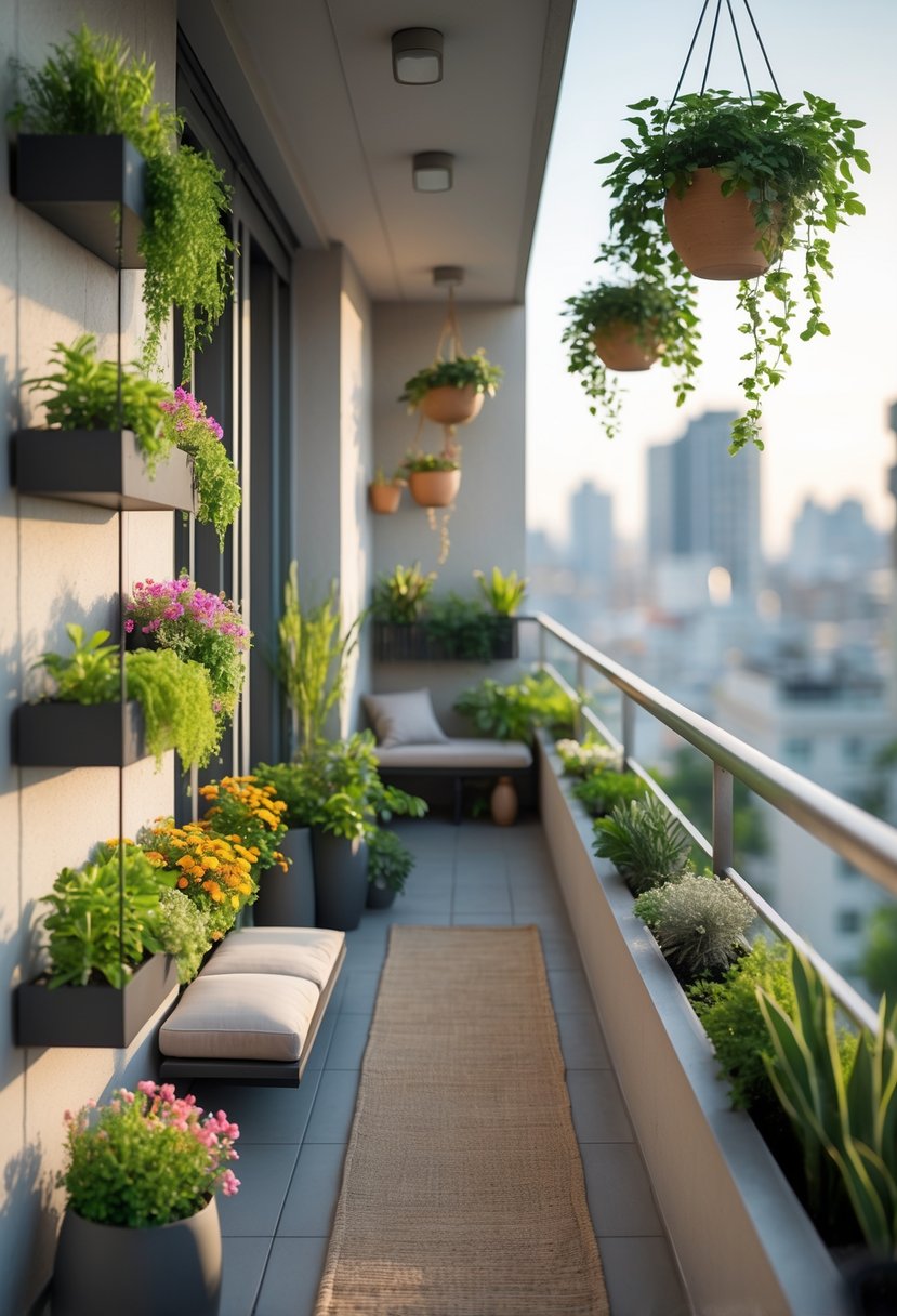 A long narrow balcony decorated with vertical plant shelves, hanging planters, and small furniture, overlooking a cityscape.