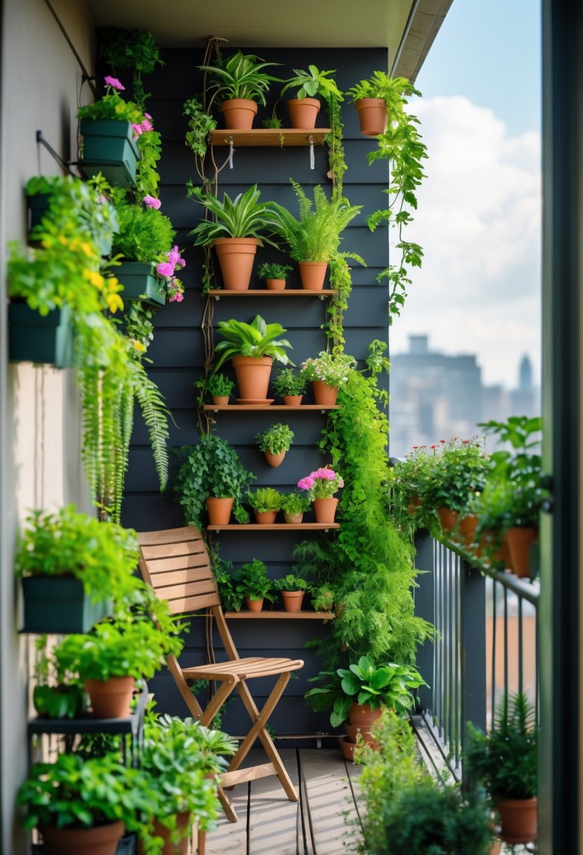 A small balcony decorated with various plants arranged on vertical shelves, hanging pots, and railing planters, with a chair and small table visible.
