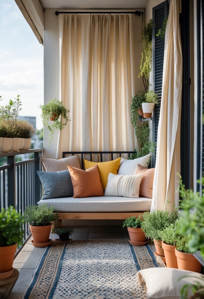 A small balcony with cushioned seating, layered throw pillows, a patterned rug, flowing curtains, and potted plants arranged for a cozy and inviting outdoor space.