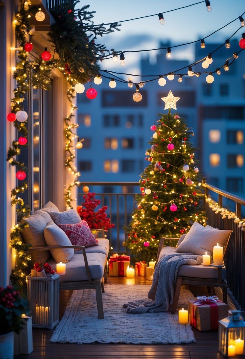 Apartment balcony decorated with Christmas lights, a small Christmas tree, garlands, and cozy seating creating a festive atmosphere.