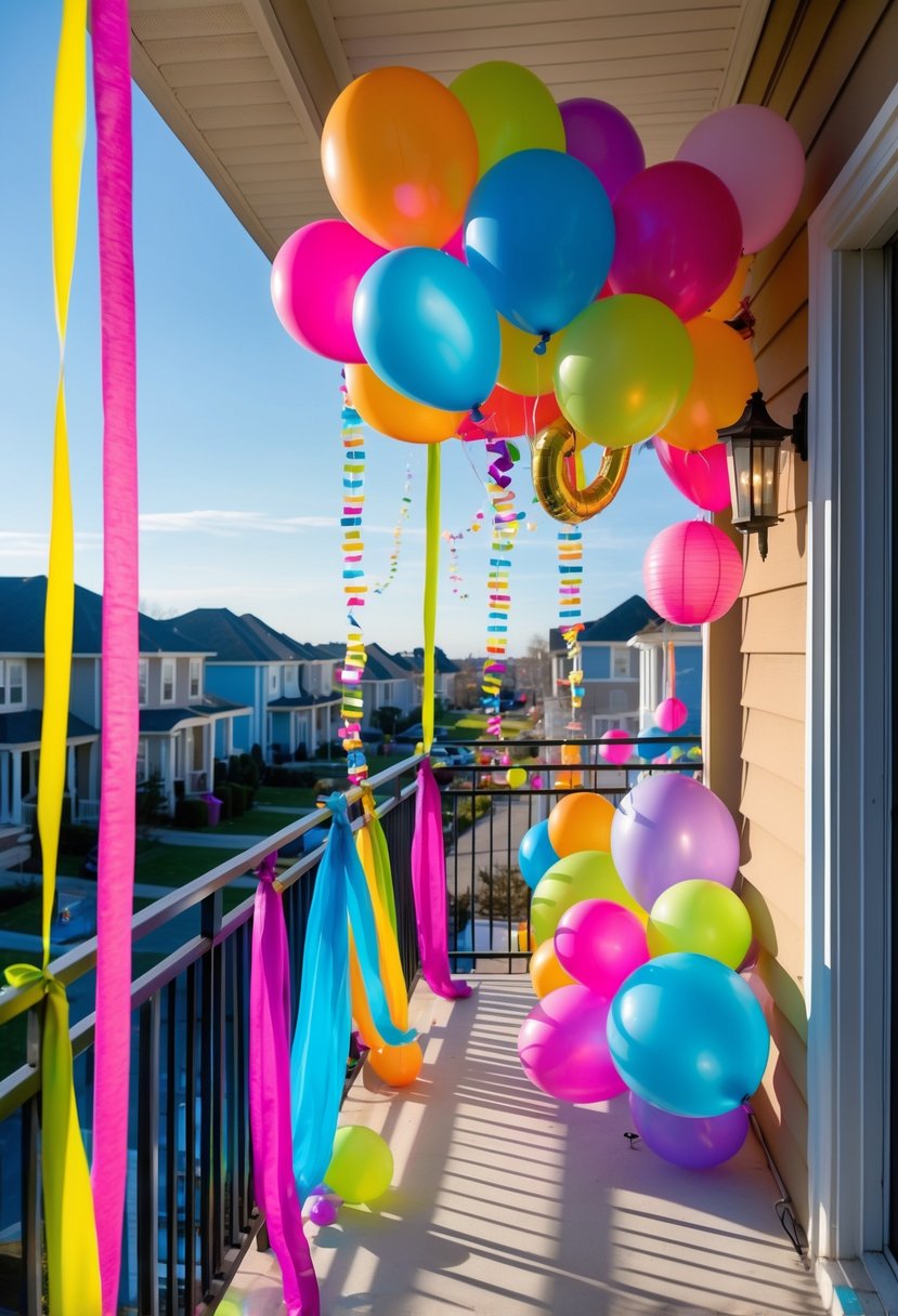 A balcony decorated with colorful balloons and streamers for a birthday celebration, with sunlight and a clear sky in the background.