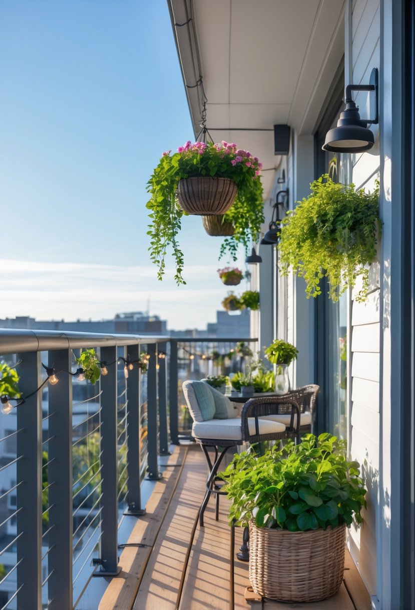 A balcony with metal, aluminum, and cable railings decorated with plants, flowers, and string lights, featuring outdoor seating and a bright sky in the background.