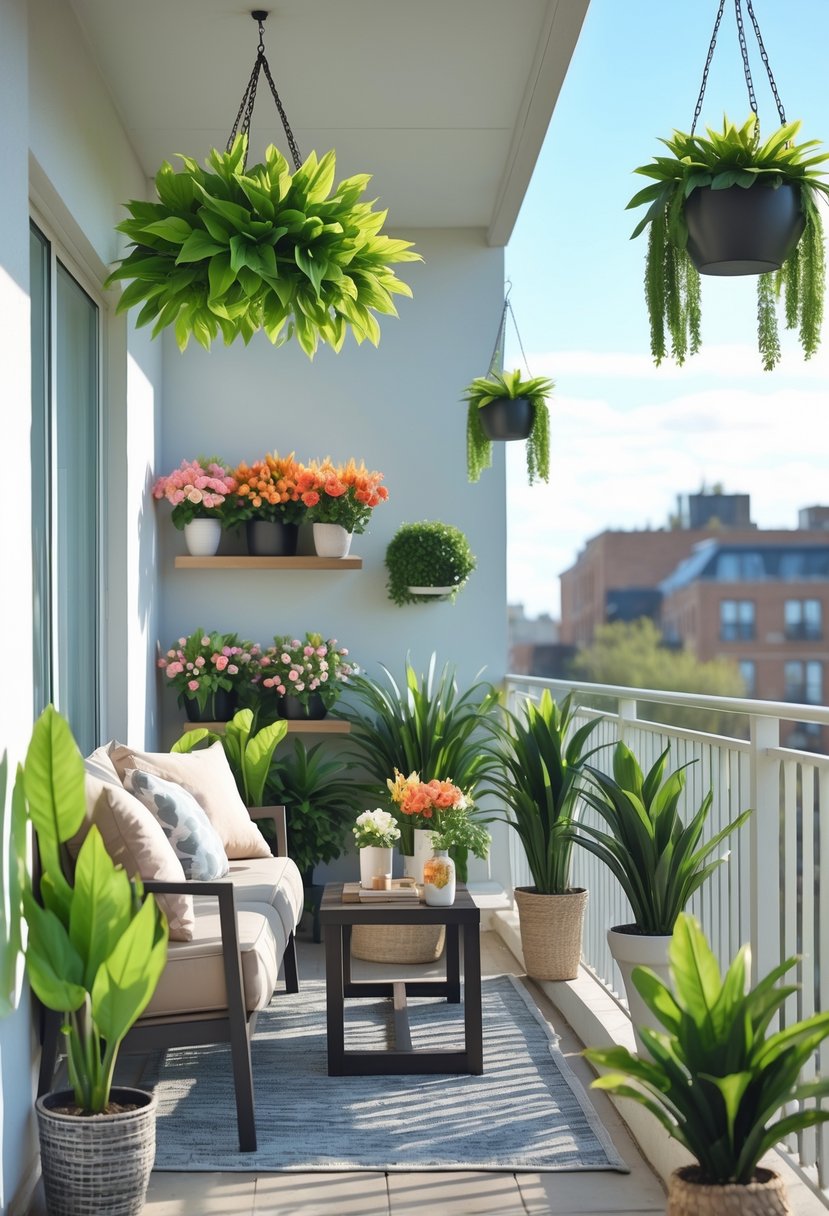 A balcony decorated with various artificial plants in pots, hanging planters, and shelves, featuring seating and a small table.