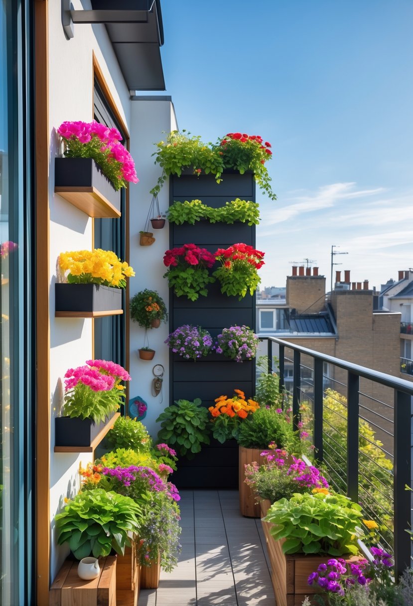 A balcony decorated with colorful flowers in vertical planters and tiered shelves, showing space saving gardening solutions.
