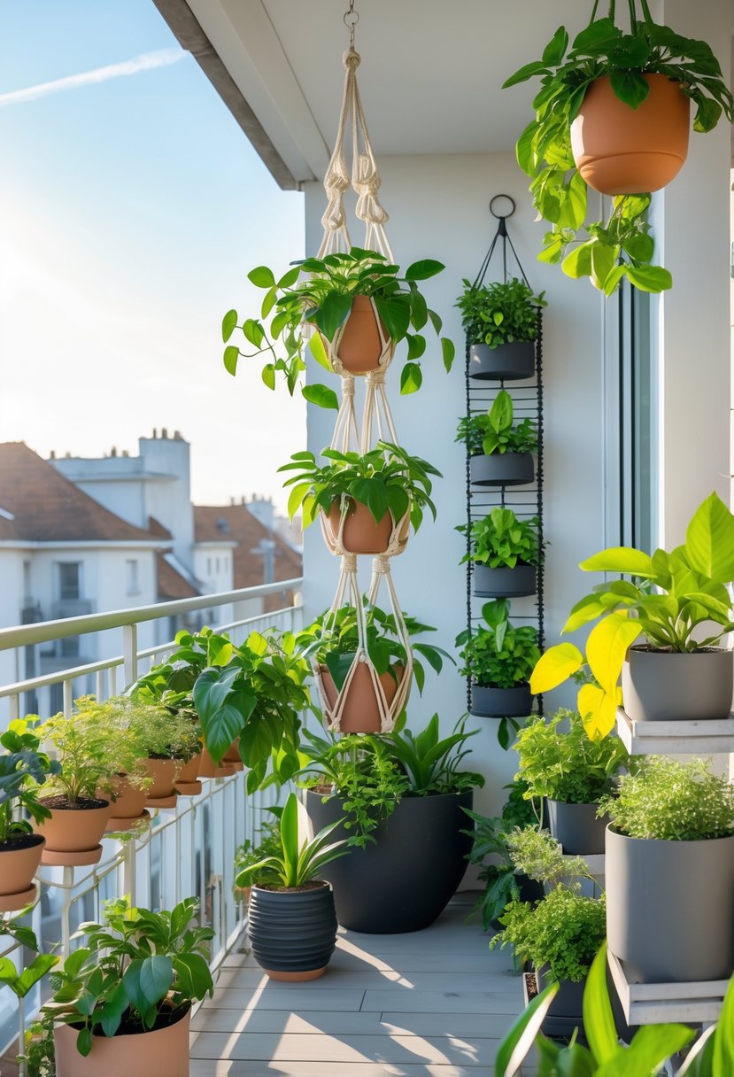 A balcony decorated with hanging and vertical money plants in various pots and planters, bathed in natural sunlight.