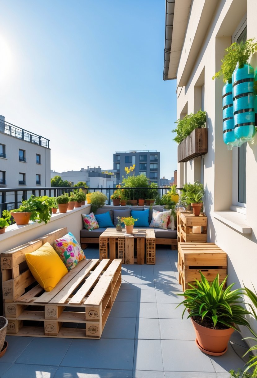 A balcony decorated with DIY furniture and storage made from recycled materials, including a pallet sofa, crate table, and hanging planters with plants.