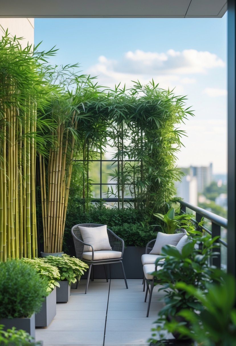 How to Decorate a Balcony for Privacy: Stylish & Effective Ideas 4 A balcony decorated with tall plants, shrubs, and climbing vines creating a natural privacy barrier around outdoor furniture.