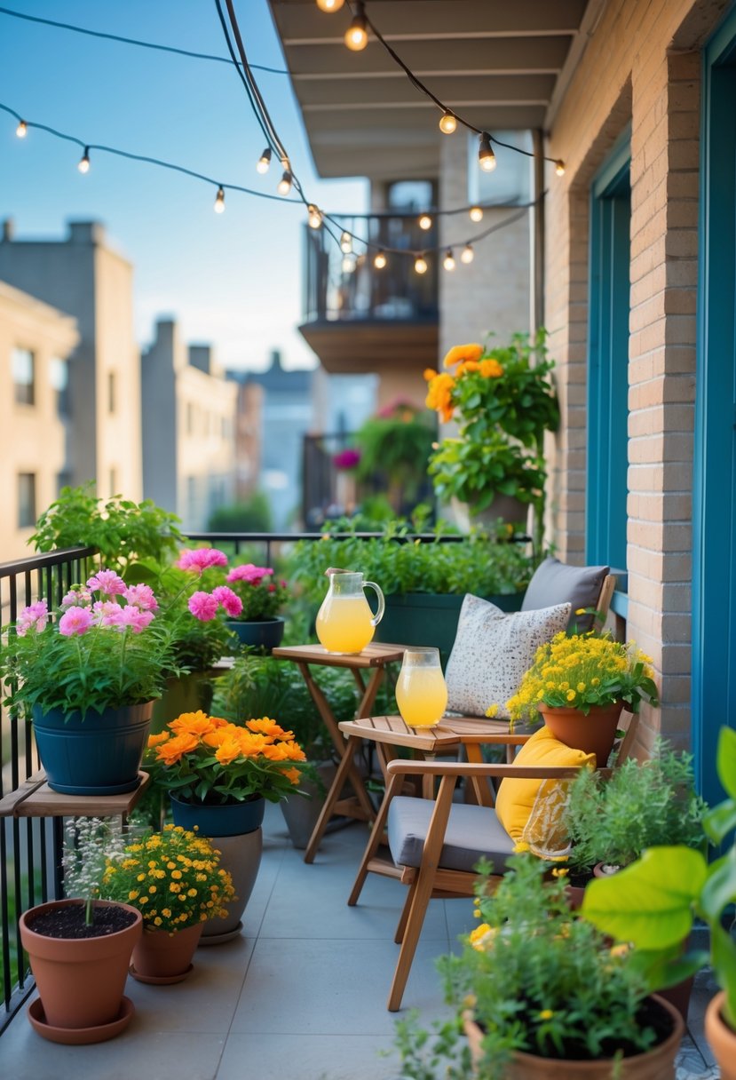 How to Decorate a Balcony for Summer: Stylish Outdoor Retreat Ideas 4 A small balcony decorated with green plants, colorful flowers, a wooden chair with cushions, a table with lemonade, and string lights overhead.