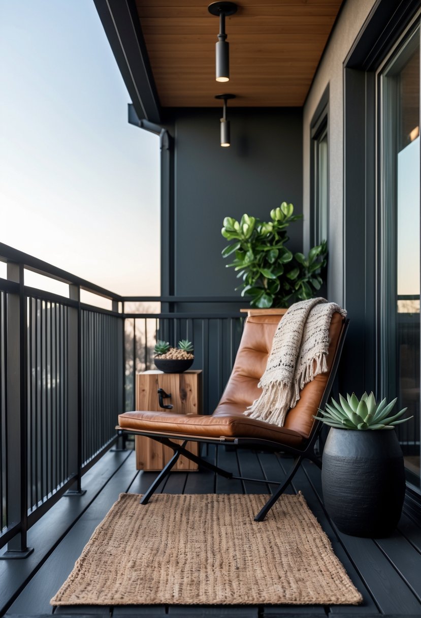 A balcony with dark wood flooring, a leather lounge chair, a wooden side table with plants, industrial lighting, and a woven rug.