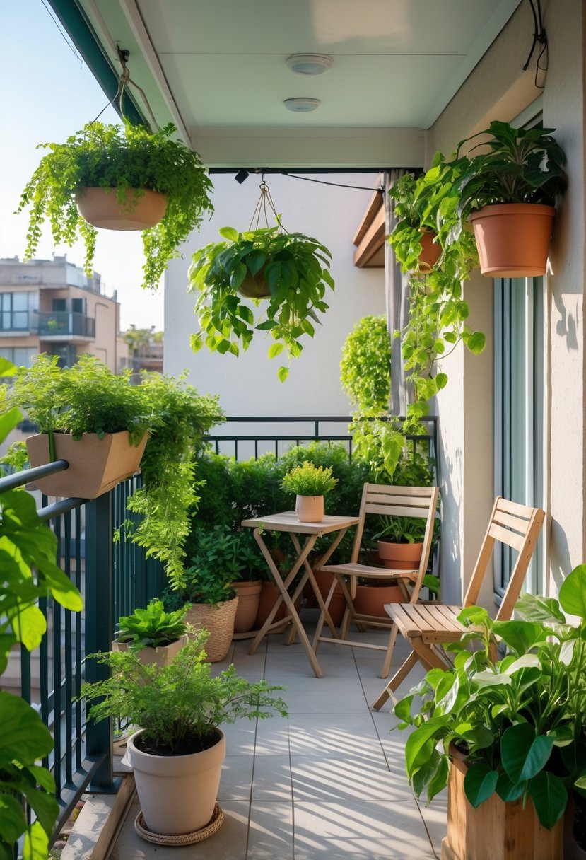 How to Decorate a Balcony on a Budget: Affordable Makeover Tips 4 A small balcony decorated with various green plants in different planters and simple wooden chairs, creating a cozy outdoor space.