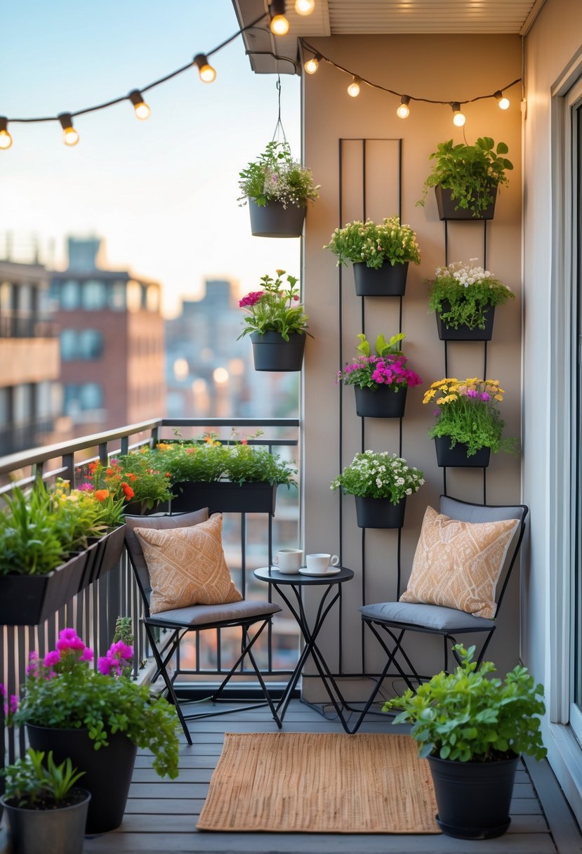 A small shared balcony with two chairs, a small table, hanging plants, and string lights overlooking city buildings.