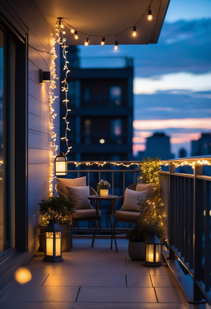 How to Decorate a Balcony With Lights: Creative Outdoor Lighting Ideas 4 A modern balcony decorated with LED string lights, outdoor furniture, and potted plants illuminated at dusk.