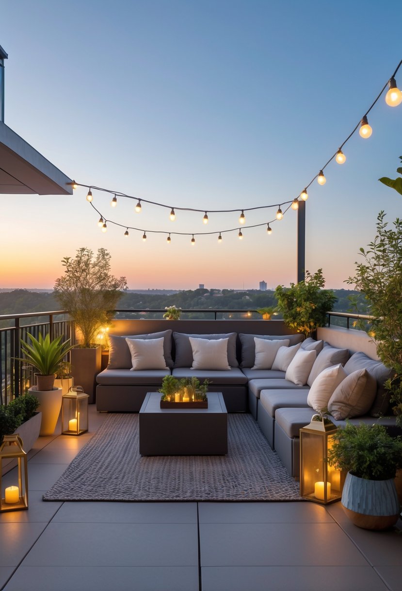 A large balcony with outdoor furniture, plants, and soft lighting overlooking a cityscape.