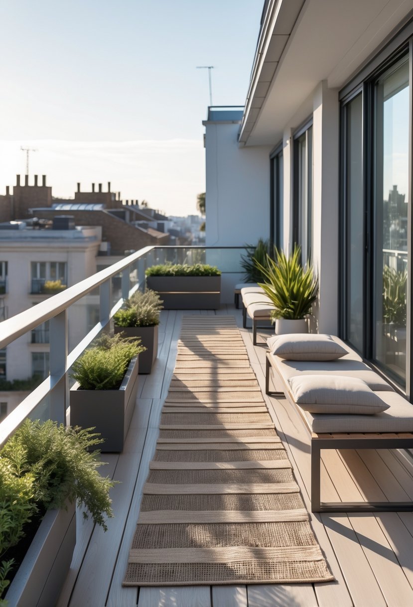 A long narrow balcony with wooden flooring, layered rugs, modern outdoor furniture, and potted plants arranged neatly.