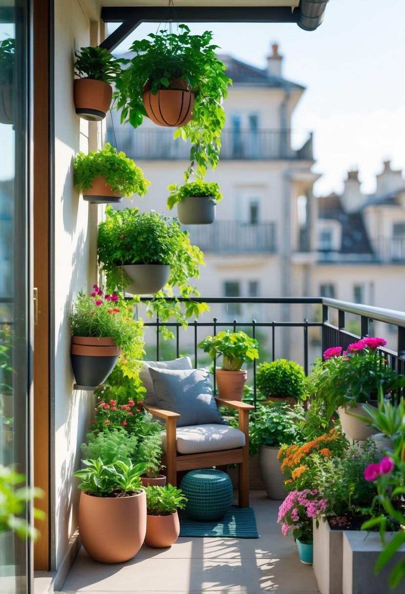 Small balcony decorated with various plants in hanging and floor planters, creating a green and inviting garden space.