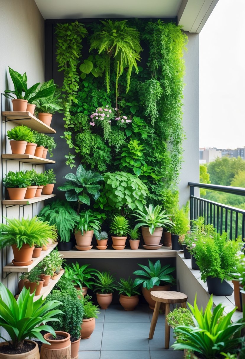 A small balcony decorated with various potted plants and a vertical garden covering one wall, creating a green and inviting outdoor space.