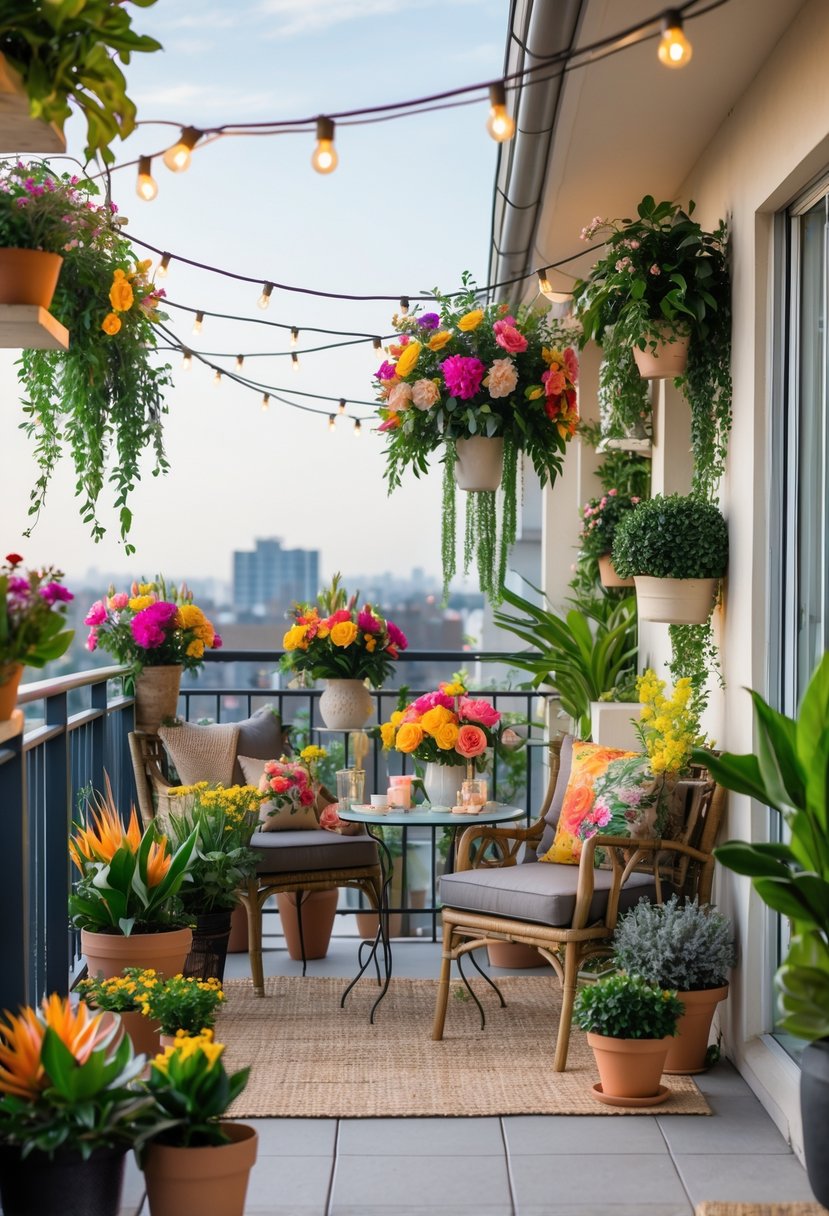A balcony decorated with colorful flowers, green plants, and string lights for a birthday celebration.