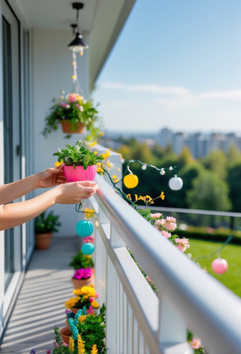 A balcony with white PVC and composite railings decorated with flower pots, hanging plants, and fairy lights on a sunny day.