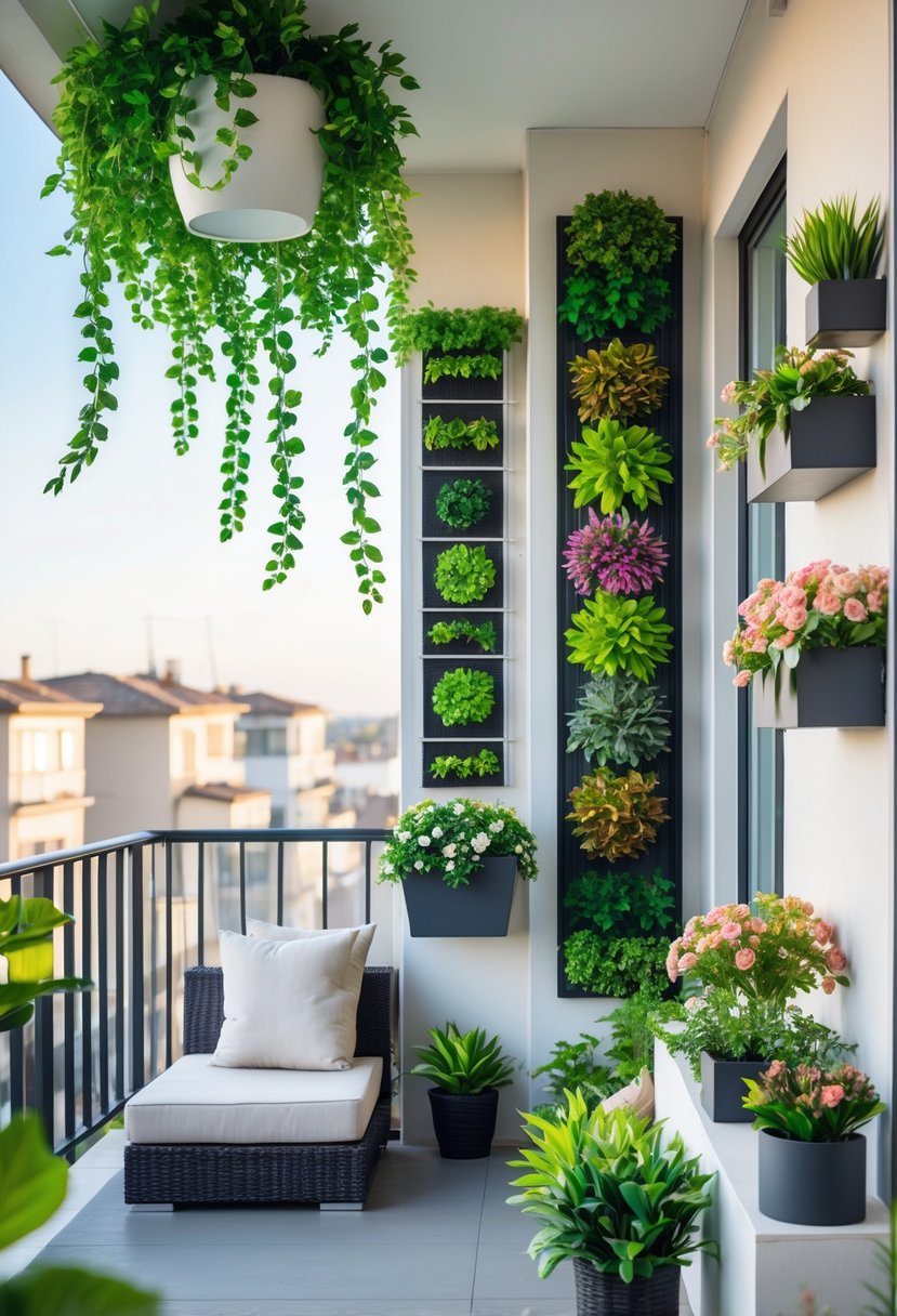 A balcony decorated with hanging and vertical artificial plants, featuring green vines, vertical garden panels, and potted flowers.