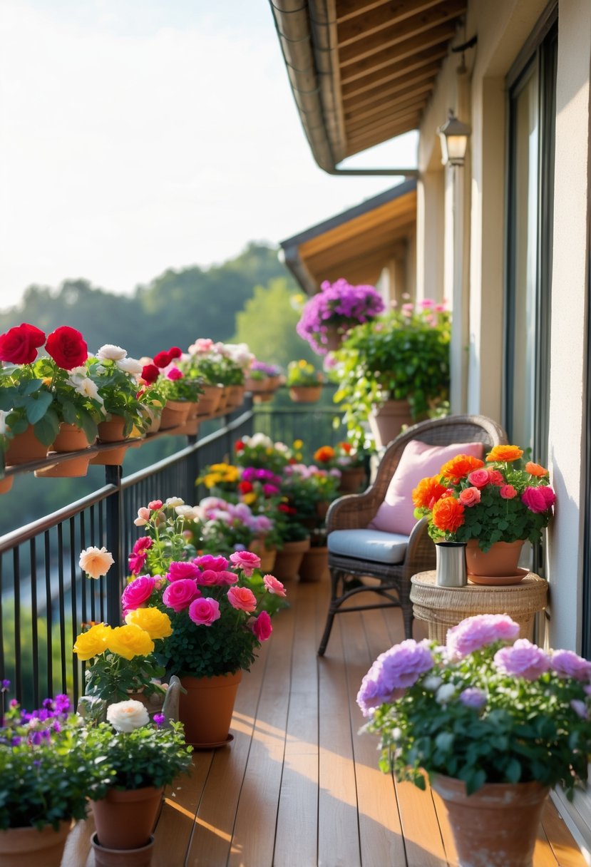 A balcony decorated with a variety of colorful flowers in pots and hanging baskets, with a chair and small table nearby.