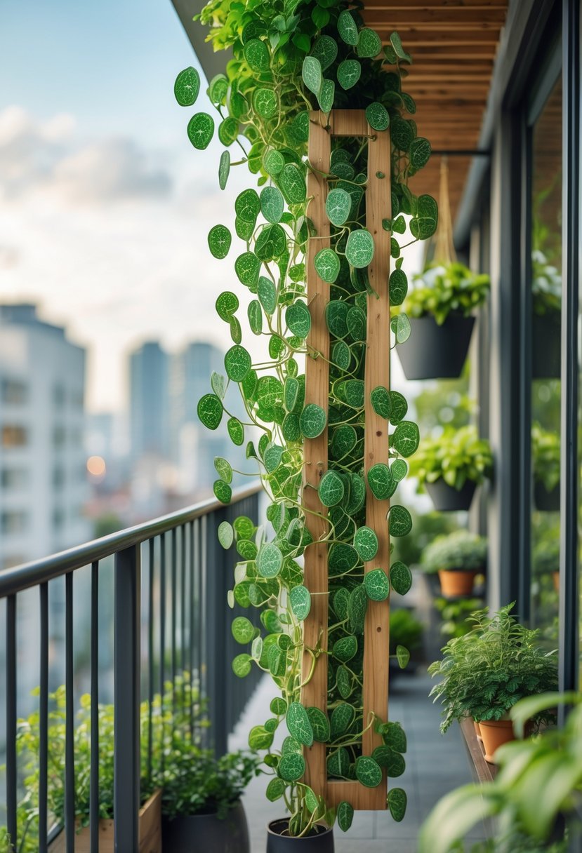 A balcony with a metal railing and wooden trellis decorated with green money plants and various potted plants, overlooking a cityscape.