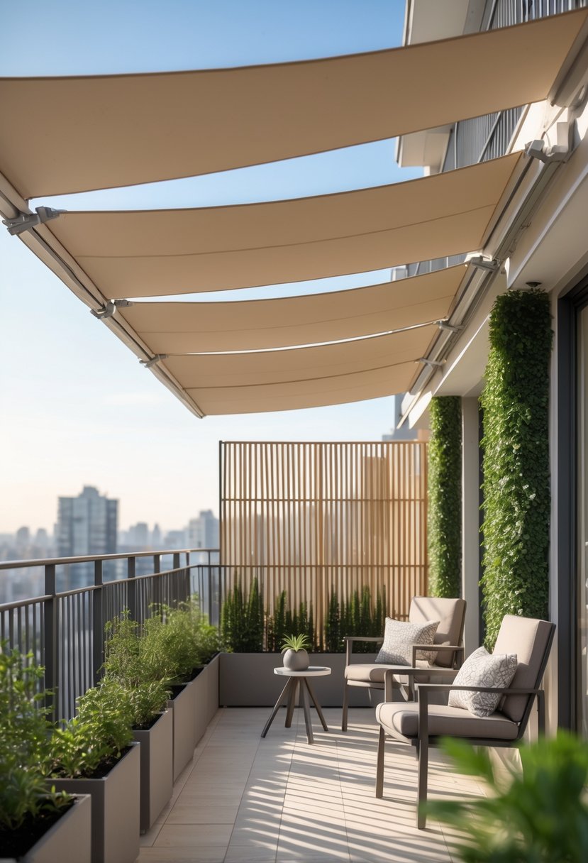 How to Decorate a Balcony for Privacy: Stylish & Effective Ideas 5 A balcony with retractable awnings, tall plants, and bamboo screens providing privacy, furnished with chairs and a table.